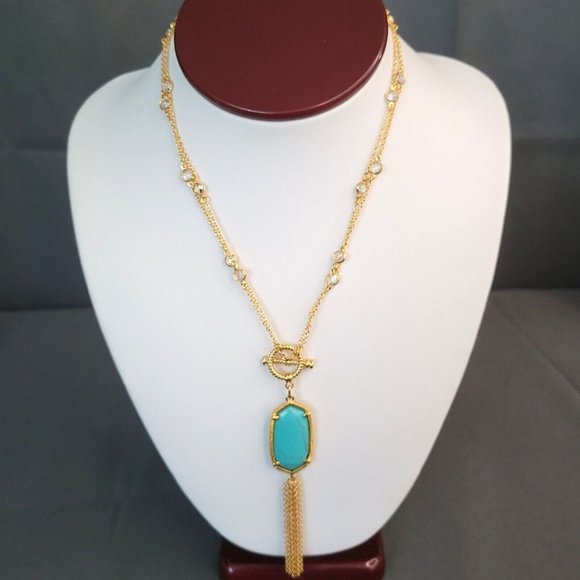 Unbranded Jewelry - Womens Gold Tone Tasseled Lariat Pendant Necklace Double Strand Blue Stone 16 in
